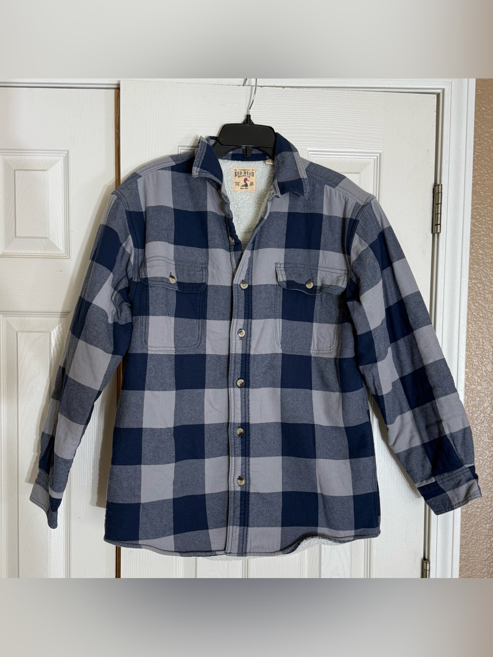 RedHead Men’s M Blue Gray Buffalo Plaid Sherpa Lined Flannel Shacket